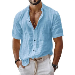 2025 外国貿易ヨーロッパとアメリカの紳士服夏の新しいメンズラペルシャツ無地半袖パッチポケットカジュアルコットンとリネンシャツ