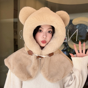 Cute Bear Ear Shawl Cap Korean Style All-match Autumn and Winter Thickened Warm Imitation Rabbit Fur Ware Shoulder Ear Protection Hat