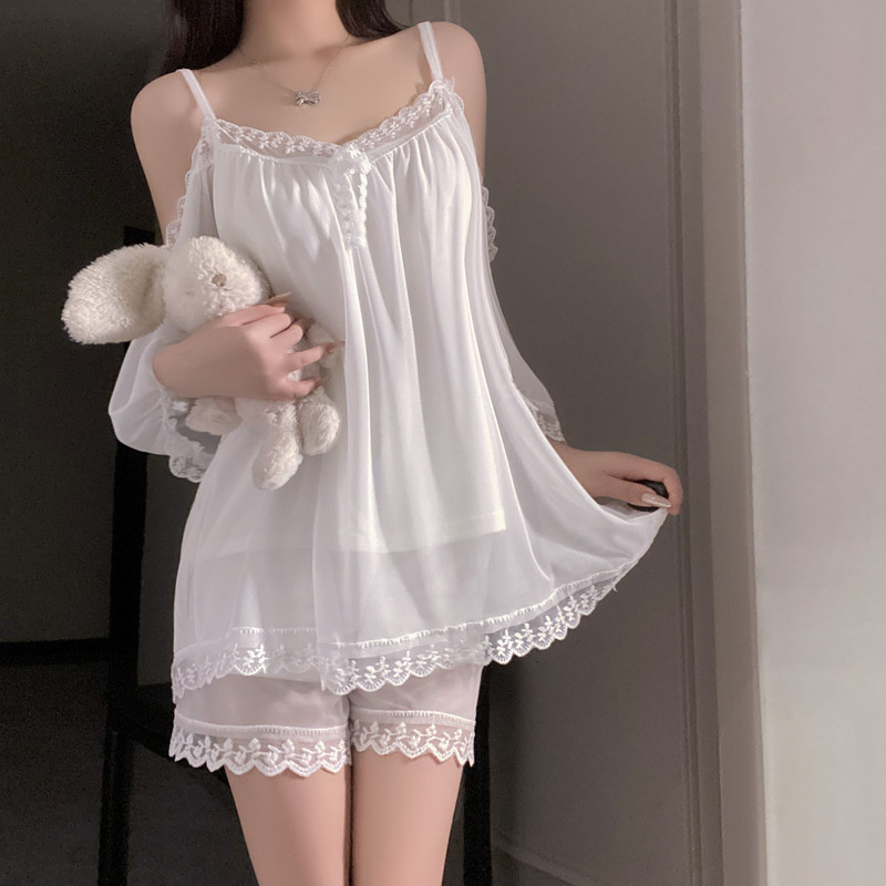 Extra Large One-Shoulder Chest Pad Mesh Pajamas Set Lace Sexy Lace Thin Loose Women's New Home Clothes
