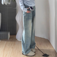 浅色阔腿牛仔裤女高腰夏季新款大码胖mm宽松显瘦梨形身材直筒裤子