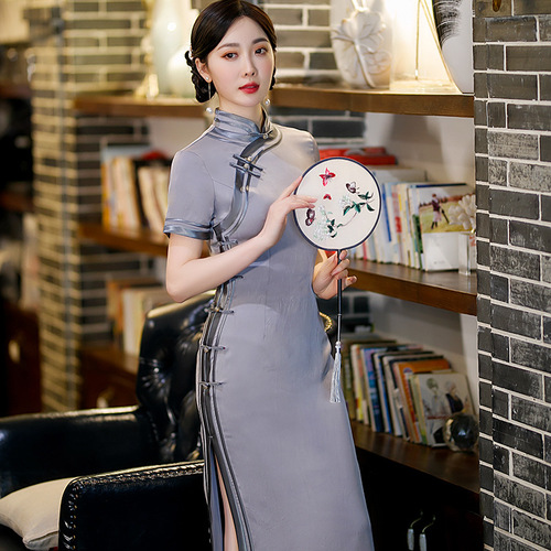 Women Chinese dress Oriental Retro Qipao Cheongsam model show miss etiquette dress long cheongsam wholesale high split collar short sleeve dress daily model