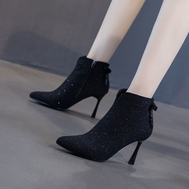 Socialite Heel Bow High Heels Short Boots Women's 2024 New Cyber Celebrity Thin Boots Stiletto Heel Boots Martin Boots