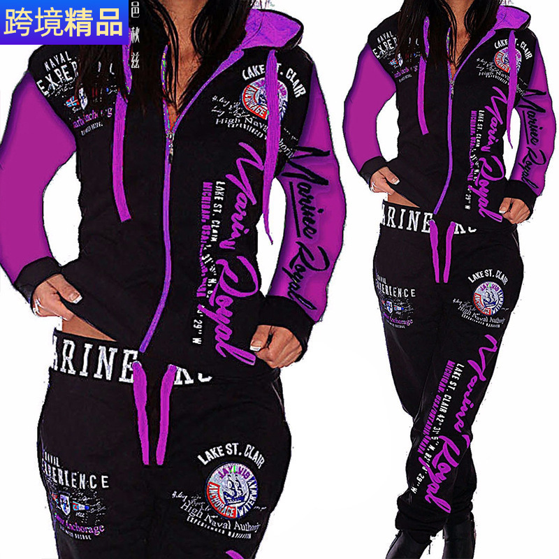 Sports and leisure suit美式印花字体接链长袖连帽长裤女士套装|undefined