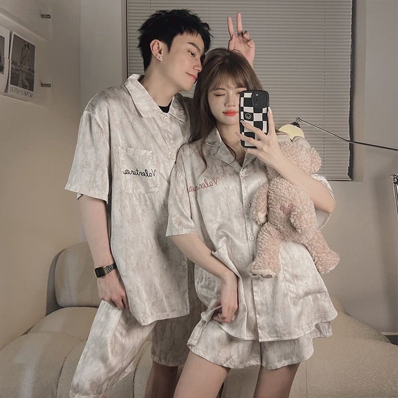 Buy One Get One Free Couple Pajamas Women's Summer Ice Silk Home Clothes Men's Spring and Summer Short-Sleeved Thin Plus Size Suit