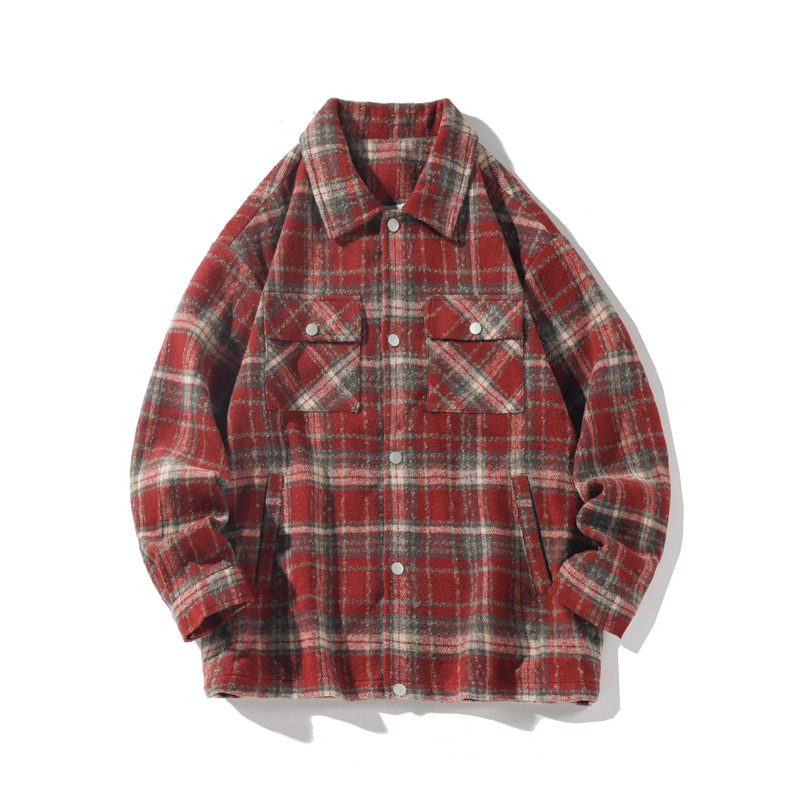 American Retro Plaid Men's Spring And Autumn Trendy High Street Vibe Baseball Style Shirt Jacket Coat_voghion.com