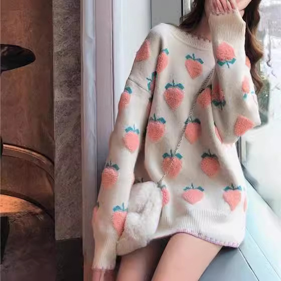 水蜜桃套头毛衣女2025秋冬女装慵懒风宽松外穿圆领百搭针织上衣女|undefined