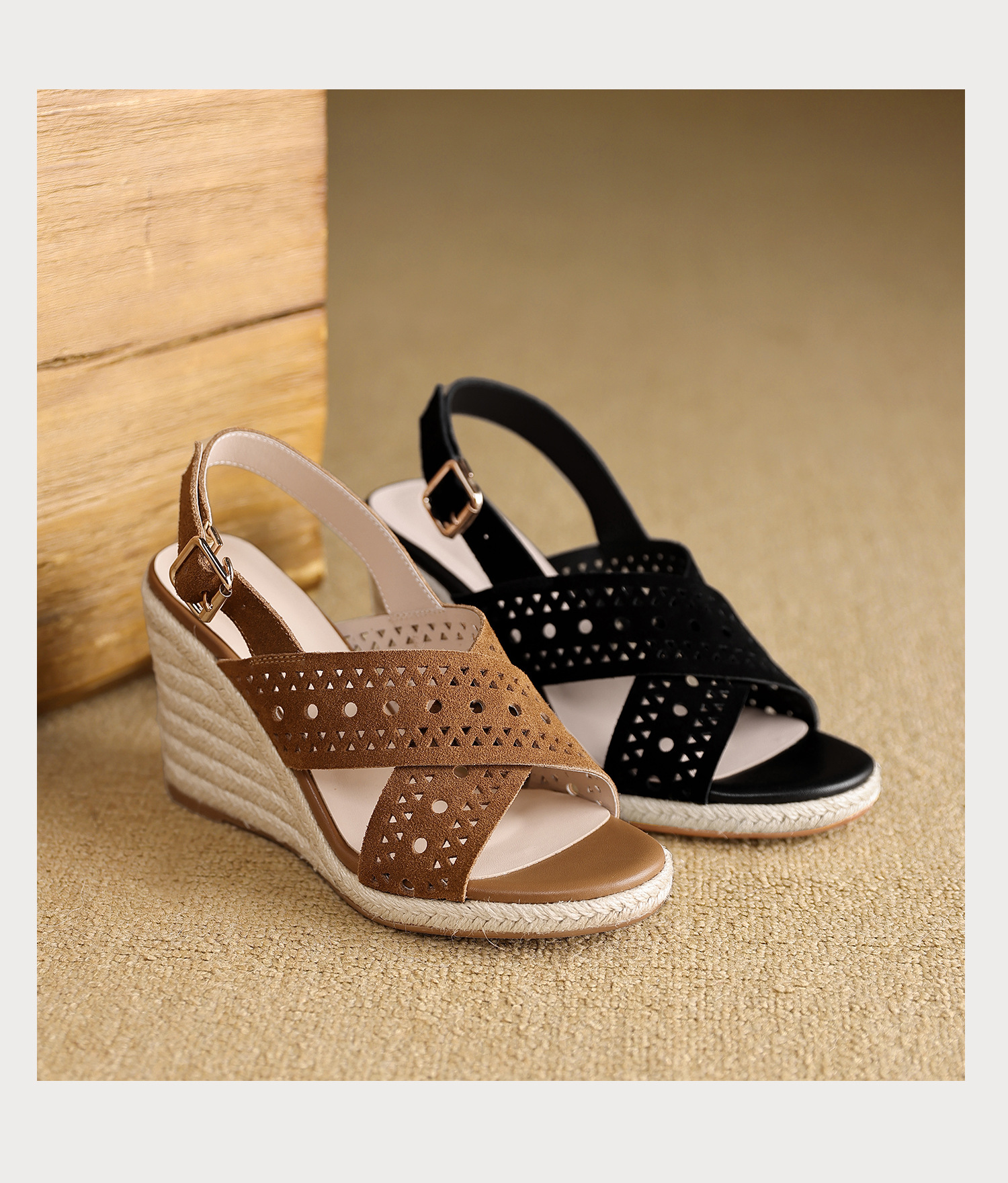 Sandal cao gót nữ quai chéo hở mũi đế xuồng bện rơm gót 8 cm — màu nâu, màu đen chi tiết 19