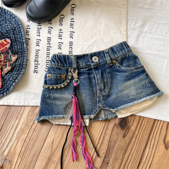 Japanese-style children's clothing vintage black sunglasses girl summer denim ultra-short skirt with riveted waist tie