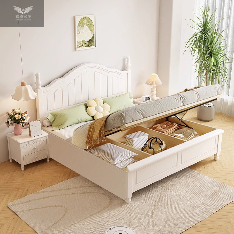 Cama americana moderna y simple dormitorio doméstico dormitorio principal cama de madera maciza cama princesa doble marco de cama de lujo blanco