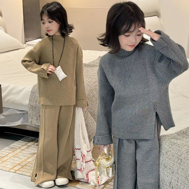소녀 스웨터 세트 2024 가을 게으른 스타일 어린이 디자인 니트 탑 스플릿 바지 2 피스 세트