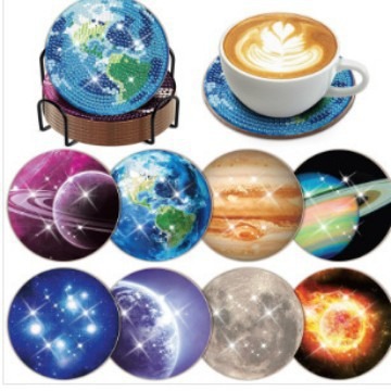 Diamante de dibujos animados almohadillas de taza letras rojas textura de madera hecha a mano puntos de perforación aislamiento térmico antideslizante diamante juguetes de pegatinas