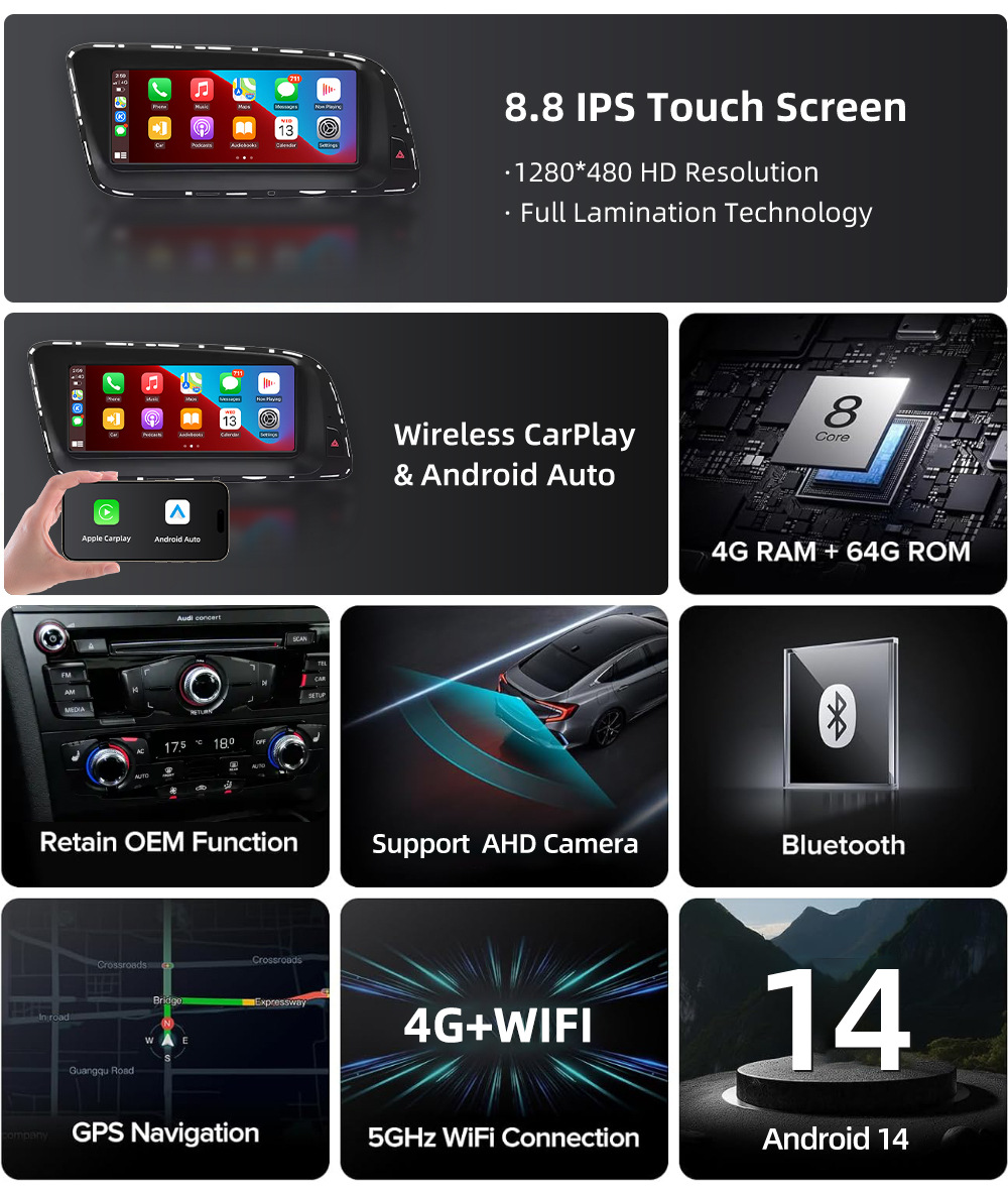 Car DVD navigation suitable for Audi Q5 8R 2009-2017, Android wireless Carplay central control large screen