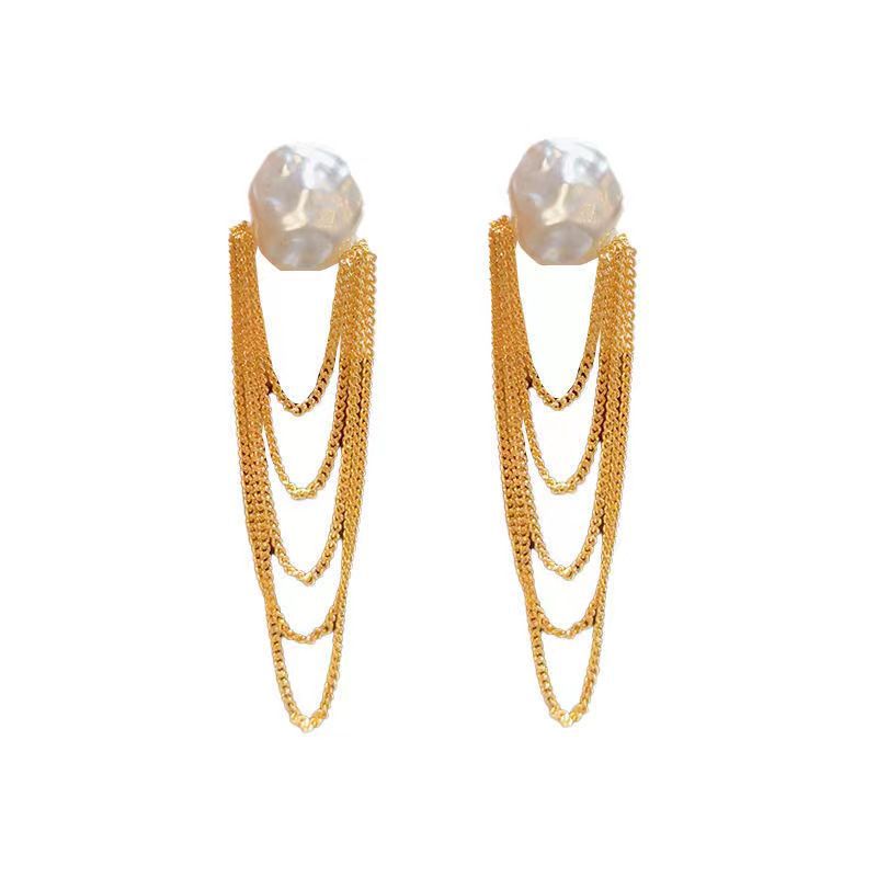 Orecchini a bottone con catena di perle irregolari in argento 925S, orecchini alla moda leggeri e di lusso, gioielli da donna_voghion.com