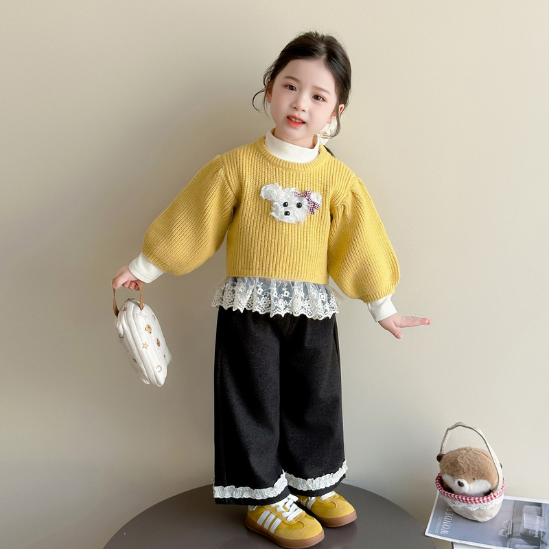 女童套装秋冬装2025新款儿童装韩版小女孩毛衣打底衫花边裤三件套|undefined
