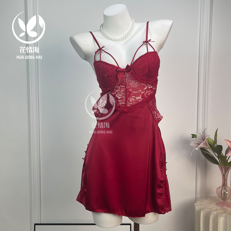 Floral Romance Sexy Lingerie Lace See-Through Soft Underwire Push-Up Backless Nightgown Strap Dress Homewear Set A141