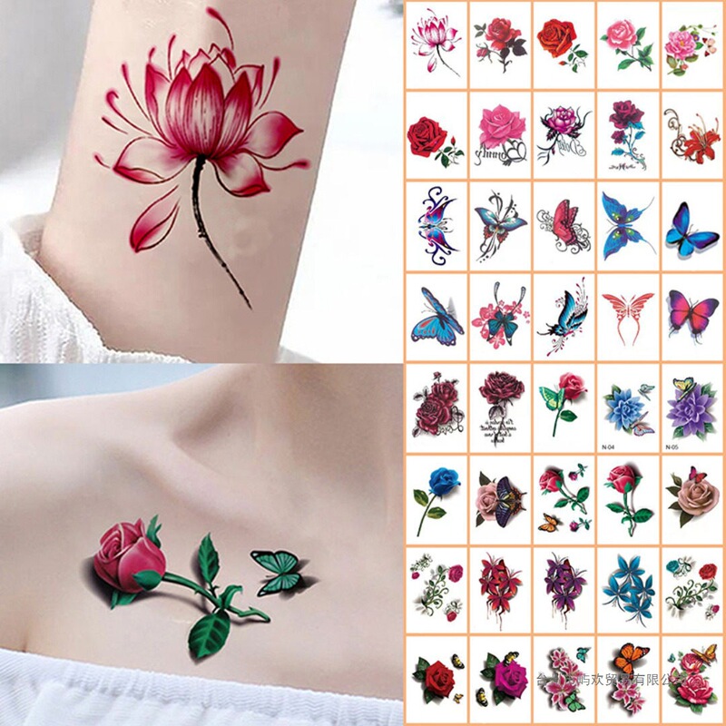 New Style Tattoo Stickers Waterproof and Long-Lasting for Women, Colorful Rose Flower Butterfly, Washable, Student-Friendly, Non-Herbal, Semi-Permanent