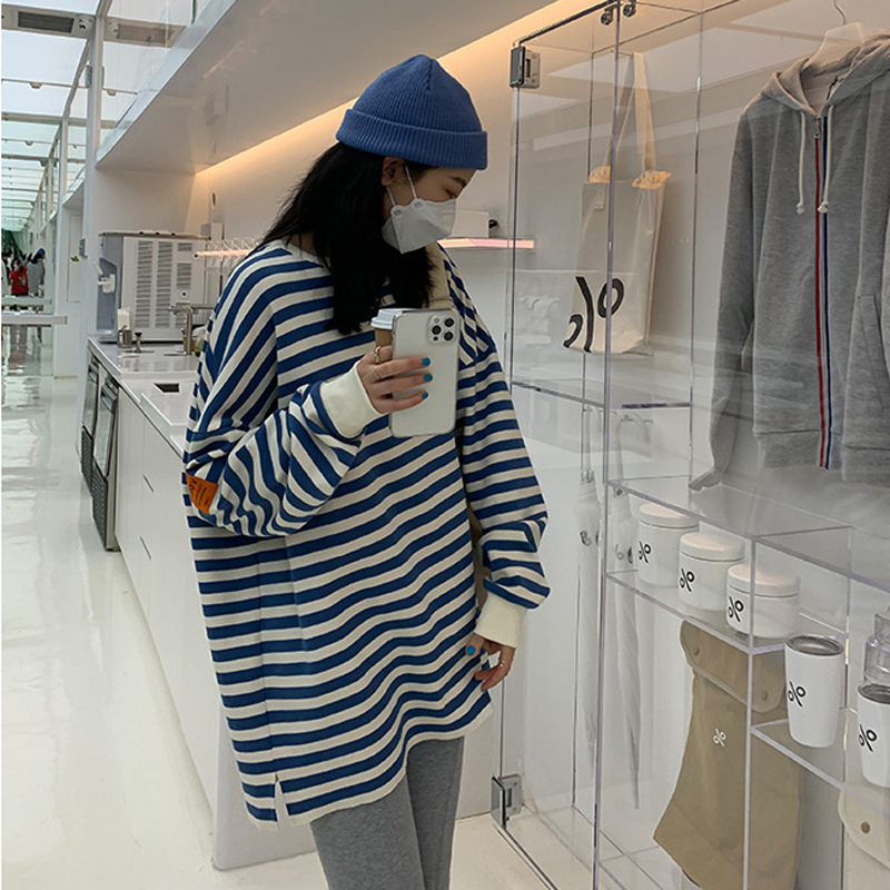 春秋のストライプ配色マタニティトップス長袖Tシャツスウェットシャツネットセレブ風インナー兼アウターゆったりツーピースセット|undefined