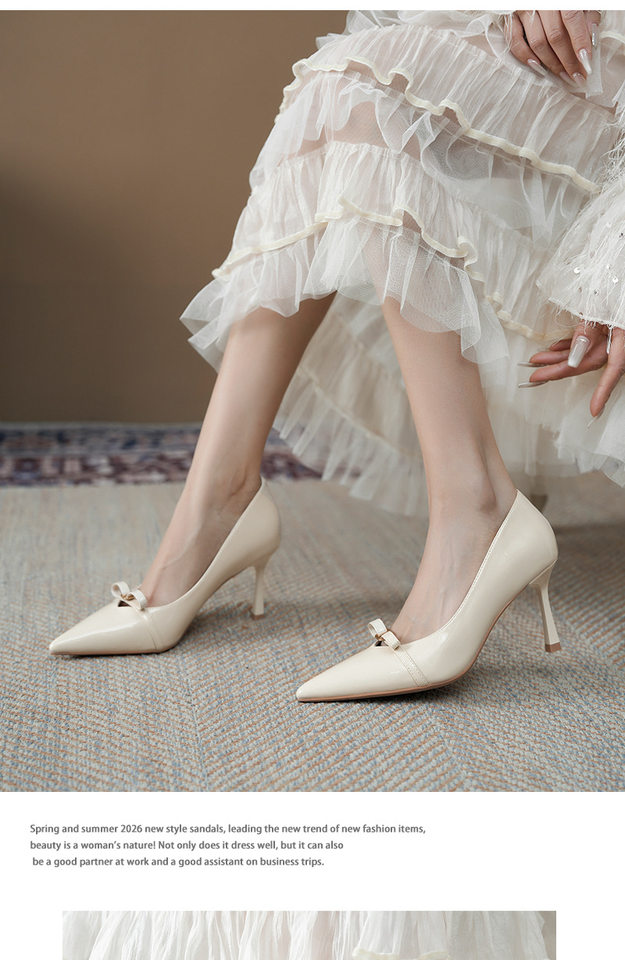 Giày cao gót nữ mũi nhọn gót mảnh 7 cm thiết kế nơ bướm — Màu trắng ngà, Màu đỏ rượu, màu đen chi tiết 6