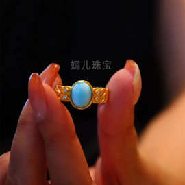 新款天然海纹石戒指通体S925银镀金镶嵌时尚简约设计气质潮流女式