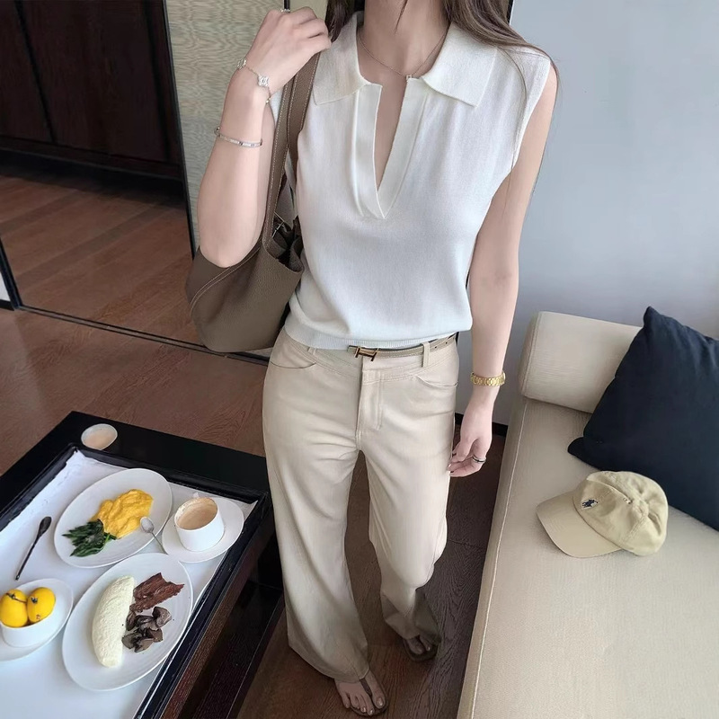 2025 New Old Money Style Vest Women's Polo Collar Sleeveless Top Casual Grey Short Sleeve