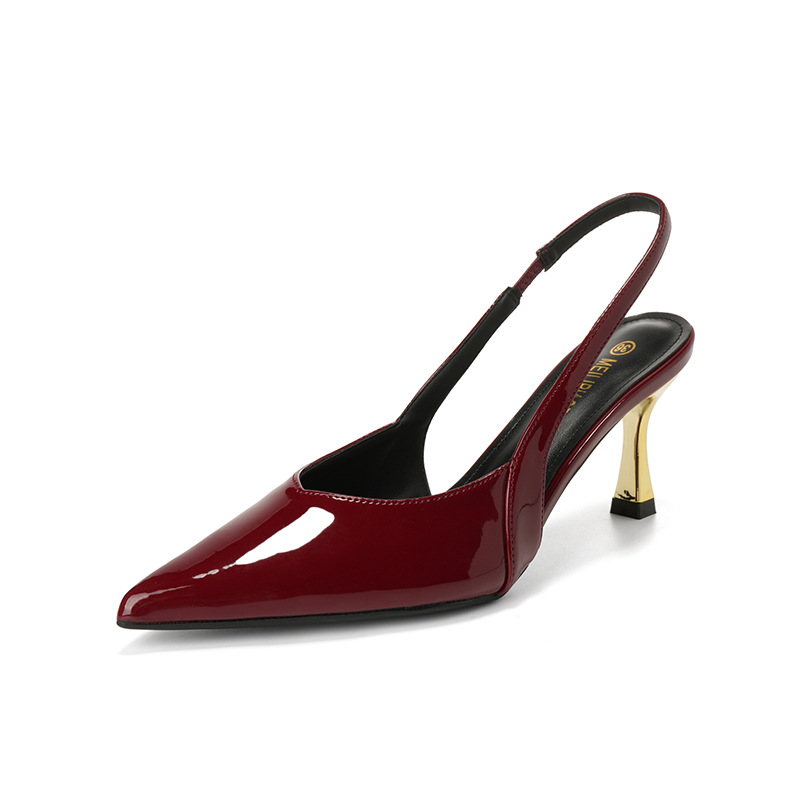 Sandalias de puntera de charol francés para mujer 2025 verano nuevo estilo de todo fósforo tacón de aguja puntiagudo hebilla temperamento tacones altos