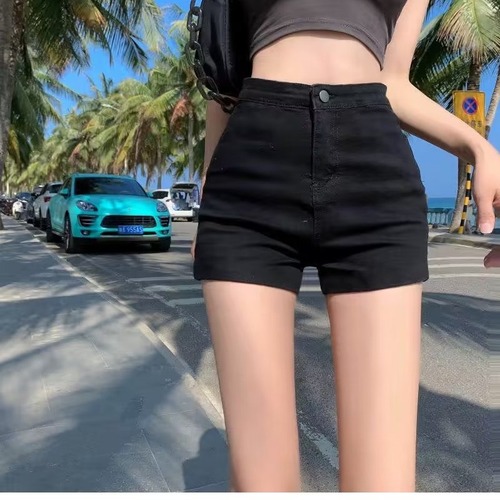 Denim shorts women's A-line tight summer high-waist slim ins hot girl style outer wear hip-covering straight elastic hot pants