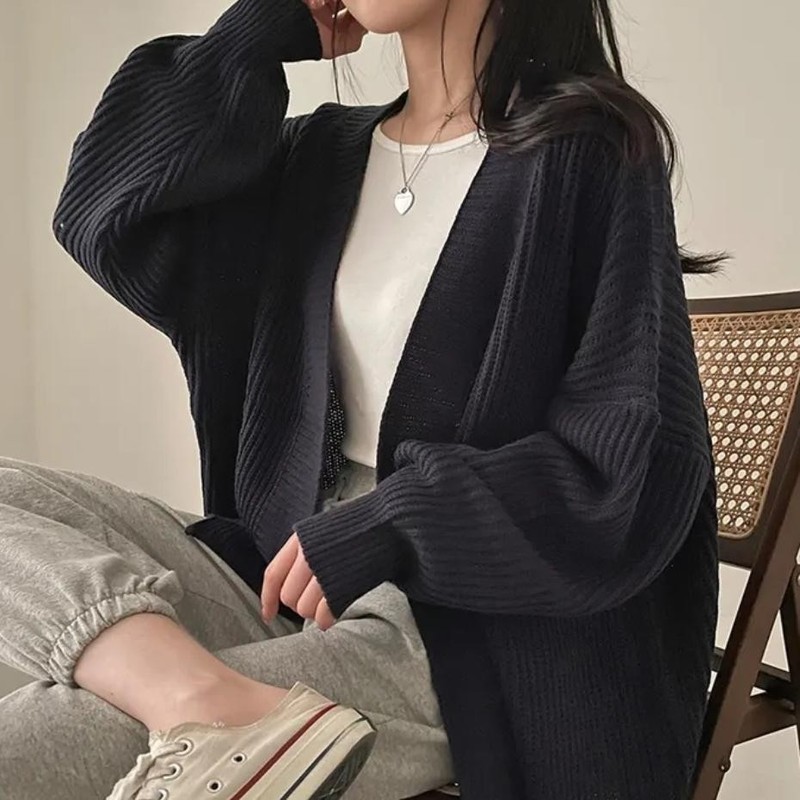 韩国chic宽松休闲慵懒百搭中长款毛衣开衫女保暖外套灰色均码黑色|undefined