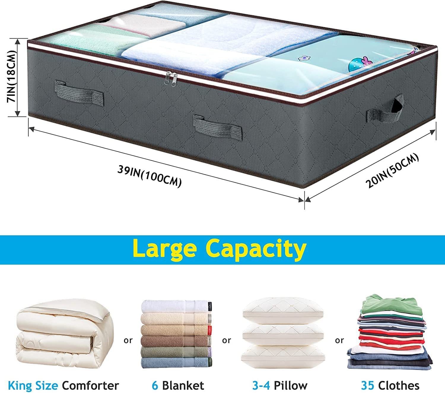 Foldable Under-Bed Storage 100x50x18cm | Dustproof Organizer | Clothes/Quilts | Gray/Black_voghion.com