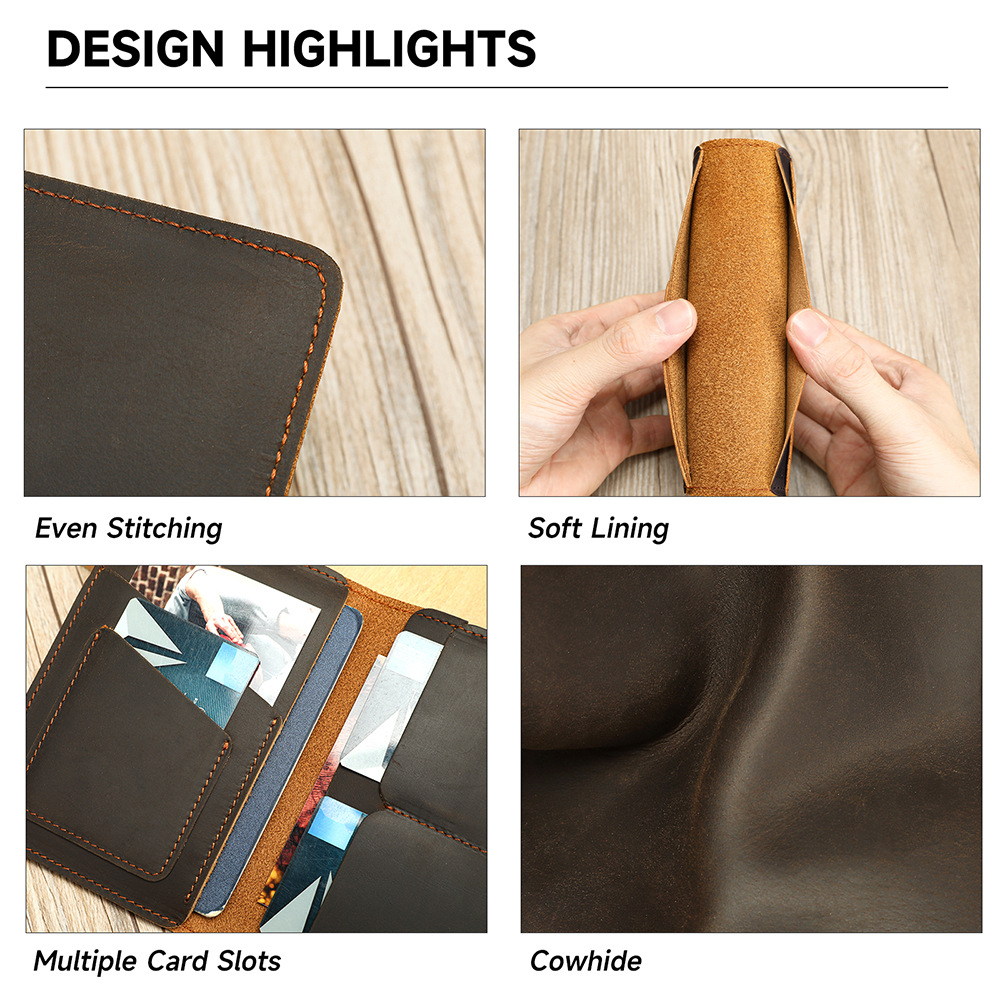Ví card holder nam da bò mỏng đựng hộ chiếu và thẻ đa năng — Màu nâu sẫm, màu nâu