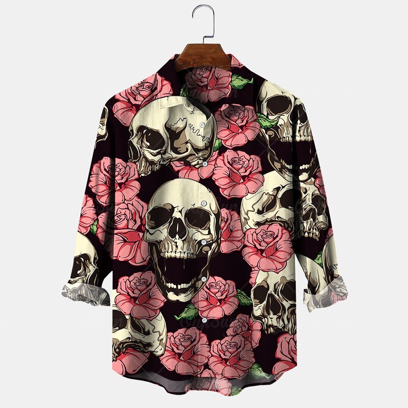 Halloween 3D Printed Spring/Autumn Beach Hawaiian Shirt, Horror Vacation Long Sleeve Turn-down Collar Plus Size Men's Top