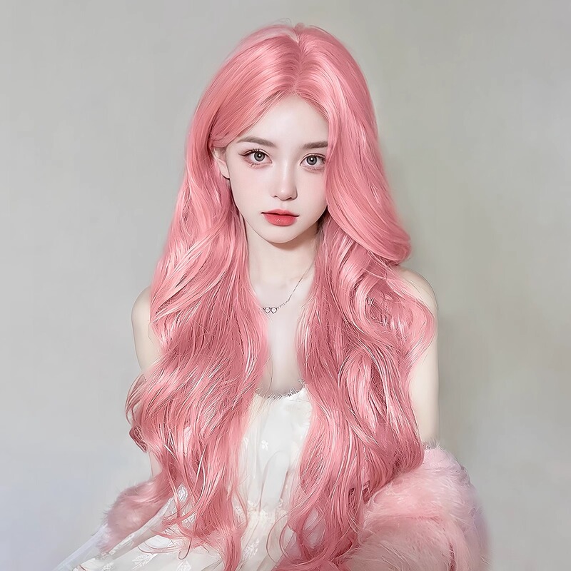 Pink Wig Women's Long Hair Full Head Cover Internet Celebrating Eight-character Bangs Lolita Large Wave Long Curly Hair Artificial Wig Cover