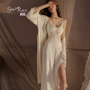 Dz Guiruo Brand Accessible Luxury Pajamas with Breast Pads Hot Side Slits Women's Suspender Nightgown Outer Robe Home Set 2890