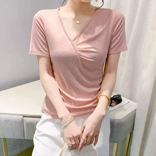 韩版洋气时尚钉珠领设计感短袖恤女夏新款气质修身显瘦百搭上衣