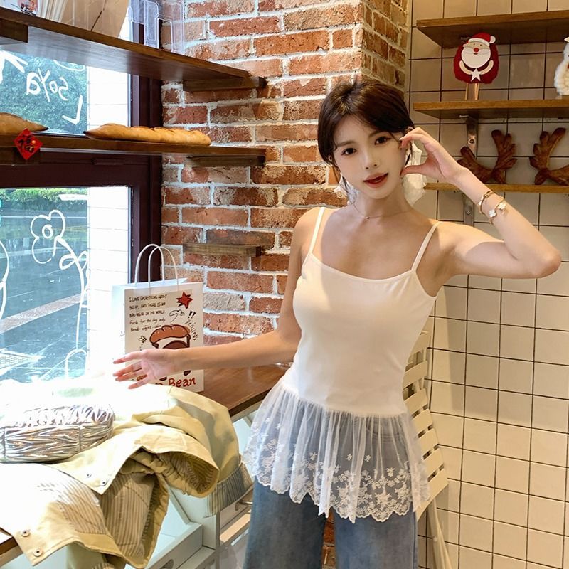 Flower Field Showcase HTmeme White Tea Dew Chu~ Ballet-style Patchwork Lace Skirt Hem with Camisole Top for Women—Spring/Summer