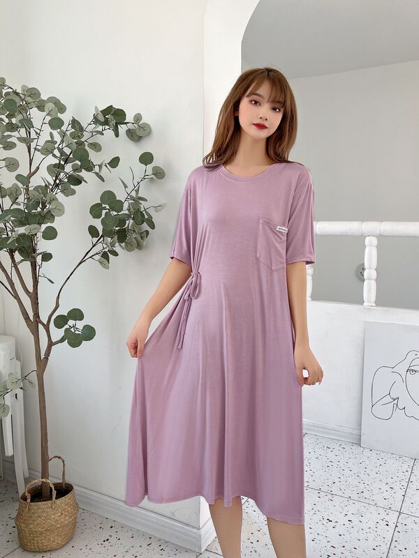 Summer Thin Round Neck Short Sleeve Dress Modal Side Waist Lace-Up Pregnant Women's Dress Loose Large Size Fat Girl Home Dress