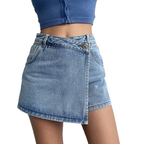 High-waisted a-line denim shorts women's new light-colored fake two-piece design temperament slimming hot girl culottes denim skirt