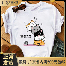 夏季新款可愛卡通貓咪動物印花男女短袖圓領T恤學生夏裝上衣短袖