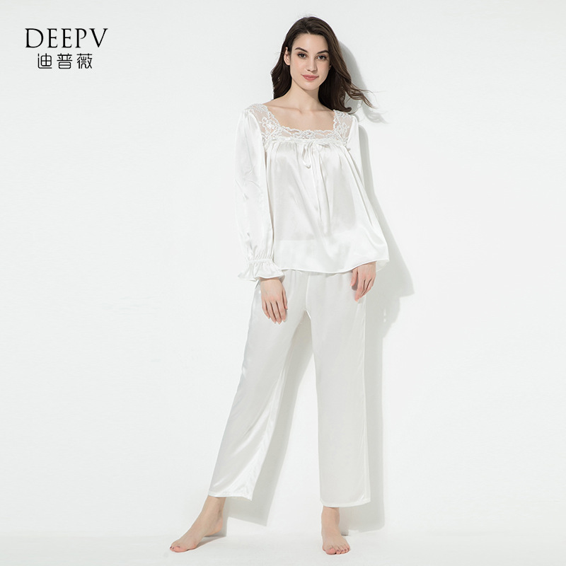 Silk Pajamas Set Women's Spring and Autumn 19 Mm Silkworm Silk Princess Long-sleeved Trousers Two-piece Set Large Size Home Clothes