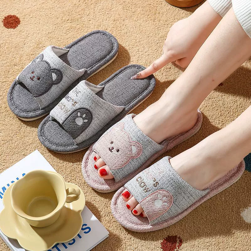 Медведь четыре сезона хлопчатобумажные и льняные тапочки женский дом весной и осенью