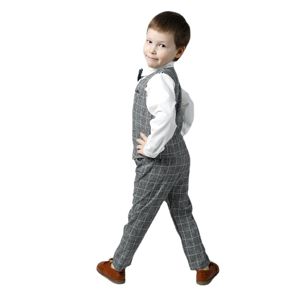 Ropa infantil transfronteriza europea y americana chaleco a cuadros vestido arco primavera camisa de algodón de manga larga traje de niño tres piezas set
