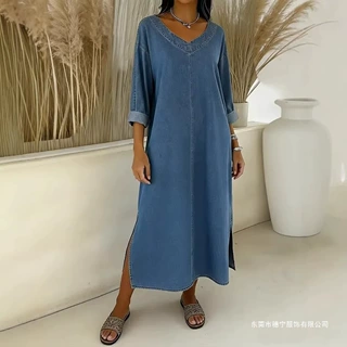 2026跨境春夏季新款亚马逊纯色V领中袖休闲宽松仿牛仔开衩连衣裙