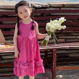 女童无袖连衣裙2026新款儿童洋气公主裙子弧形腰节下摆打褶背心裙