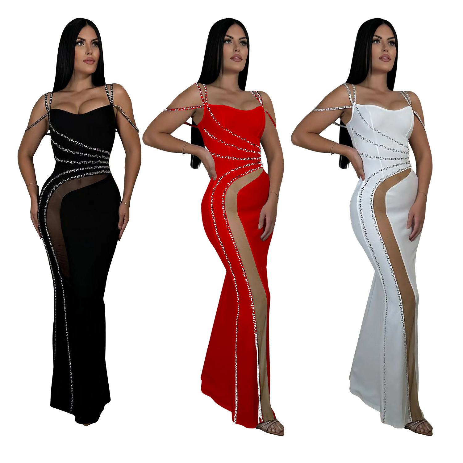 C7027 Cross-border AliExpress Amazon Estación independiente Moda europea y americana Vestido de malla de color sólido de diamantes calientes para mujer Nuevo image 6