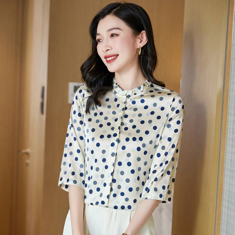 New Silk Lace Collar Mid-Sleeve Shirt for Women, Summer Elegant Versatile Fashion Polka Dot Mulberry Silk Shirt