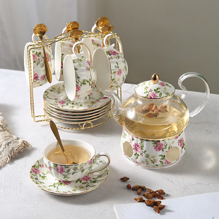 Pastoral Style English Afternoon Tea Cup Ceramic Glass Flower Tea Set Fruit Candle Heating Teapot with Filter