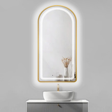 北歐簡約拱形梳妝台壁掛式浴室鏡自粘衛生間LED燈帶框智能防霧鏡