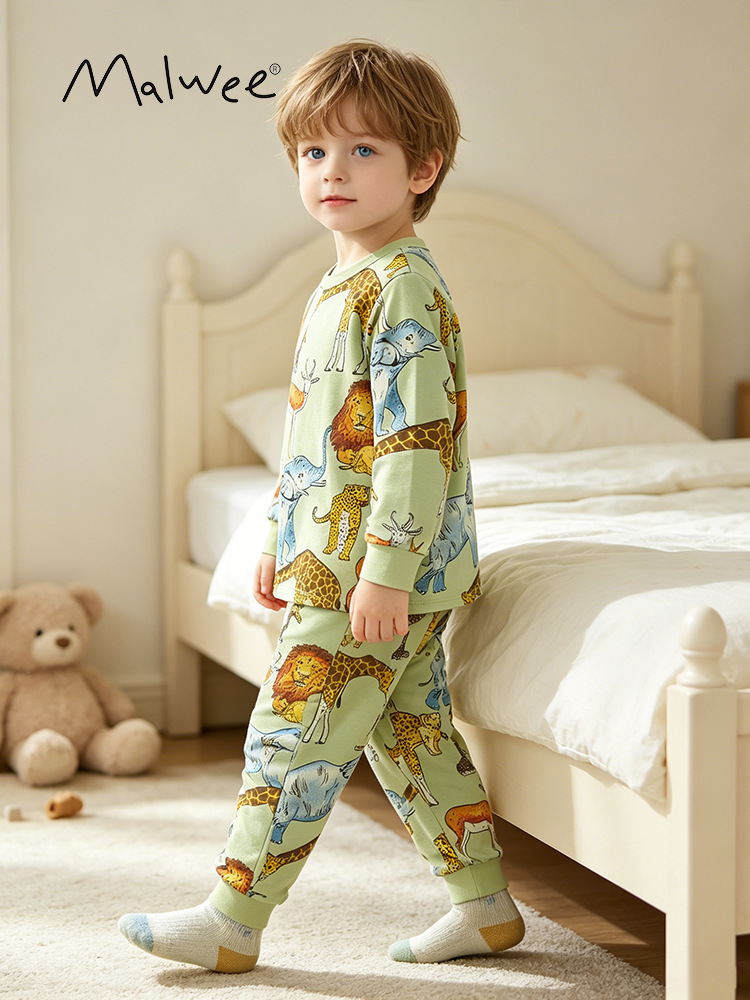 Spot malwee traje para niños otoño nuevo estilo pantalones de manga larga traje de dos piezas de impresión casual para niños pequeños y medianos europeos y americanos