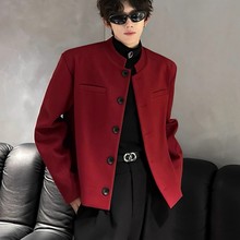 酒红色垫肩立领短款西装外套男2024春秋季新款宽松修身夹克小西服