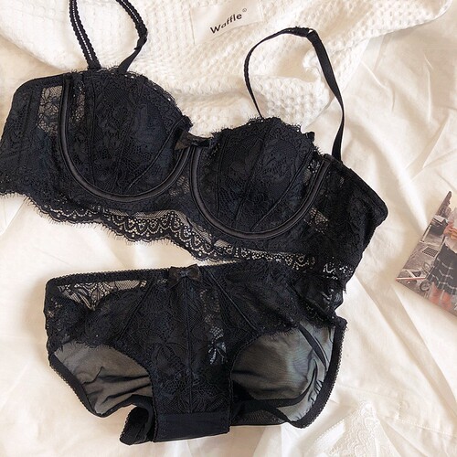 French-style sexy lace lingerie for women, half-cup strapless anti-slip beautiful back bra, large-breasted bra that makes it look smaller, bra set, brassiere