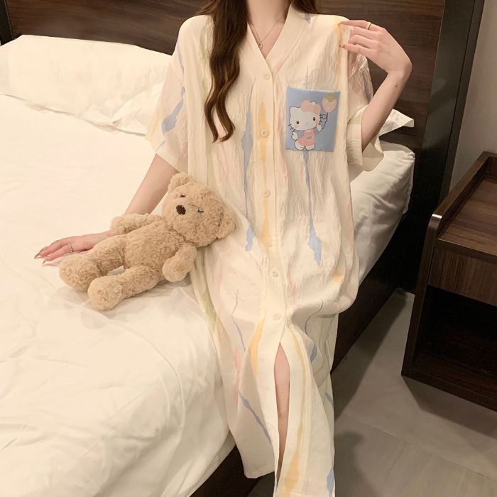 Camisón de manga corta al por mayor transfronterizo pijama de verano para mujer, falda larga, cárdigan, suelto, ropa de casa de dibujos animados, algodón de nube